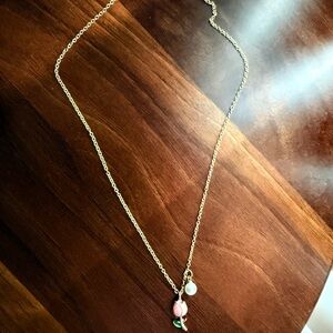 Gold Pendant Necklace with Pink and Green Charms - Women Jewelry